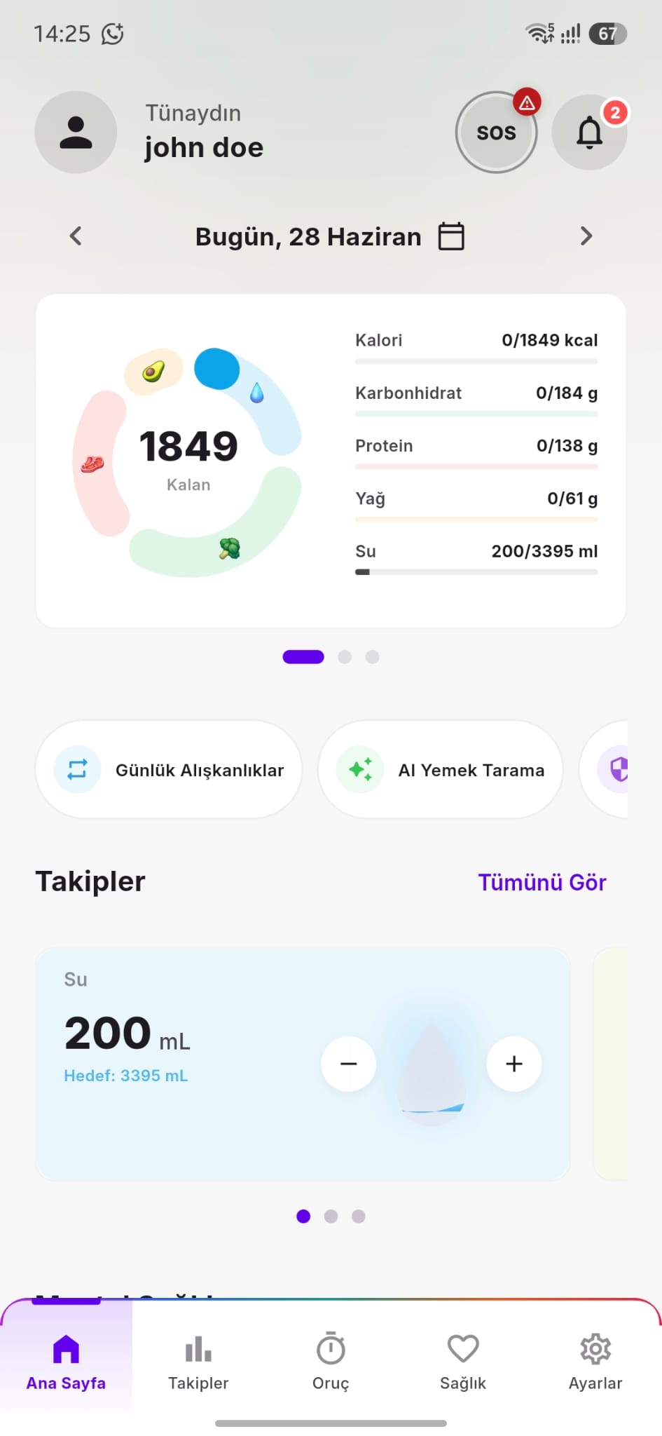 Avocado Health sağlık takibi ekranı